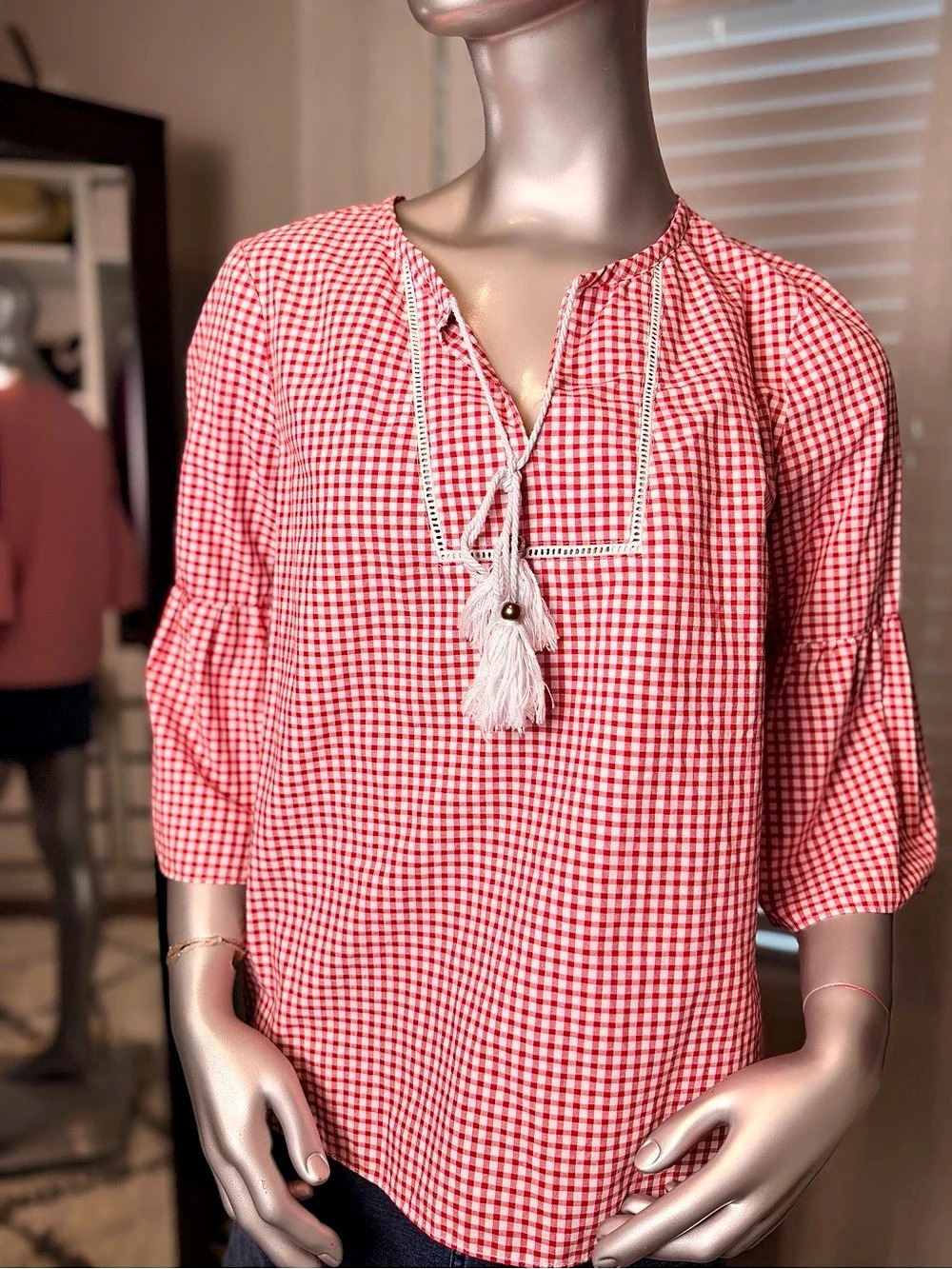 Marc New York Andrew Marc Red White Gingham Peasant Blouse Cotton Small